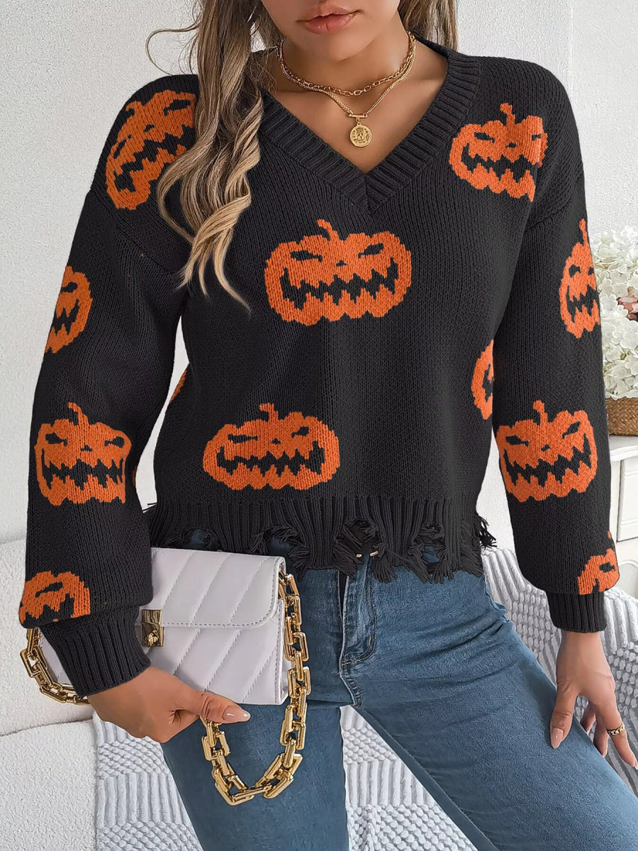 Halloween Pumpkin Pattern Raw Hem V - Neck Sweater - CELIVINE