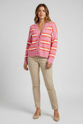 Striped Button Down Long Sleeve Cardigan - CELIVINE
