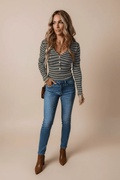 Striped V - Neck Long Sleeve Top - CELIVINE