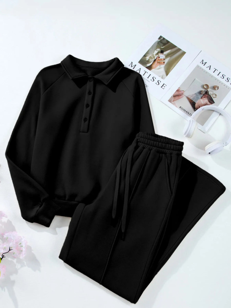 Collared Sweatshirt and High Waist Pants Active Set - CELIVINE