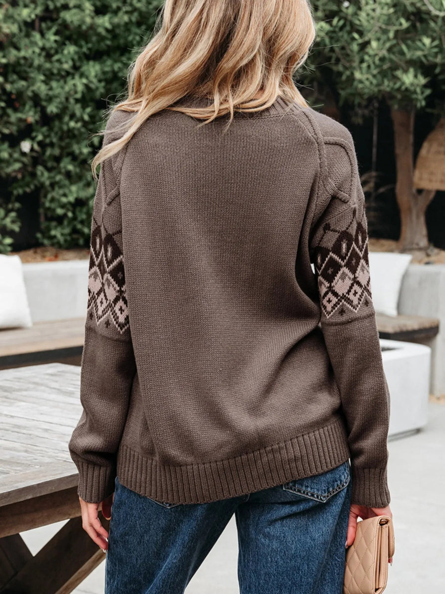 Geometric Round Neck Long Sleeve Sweater - CELIVINE