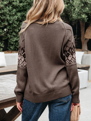 Geometric Round Neck Long Sleeve Sweater - CELIVINE