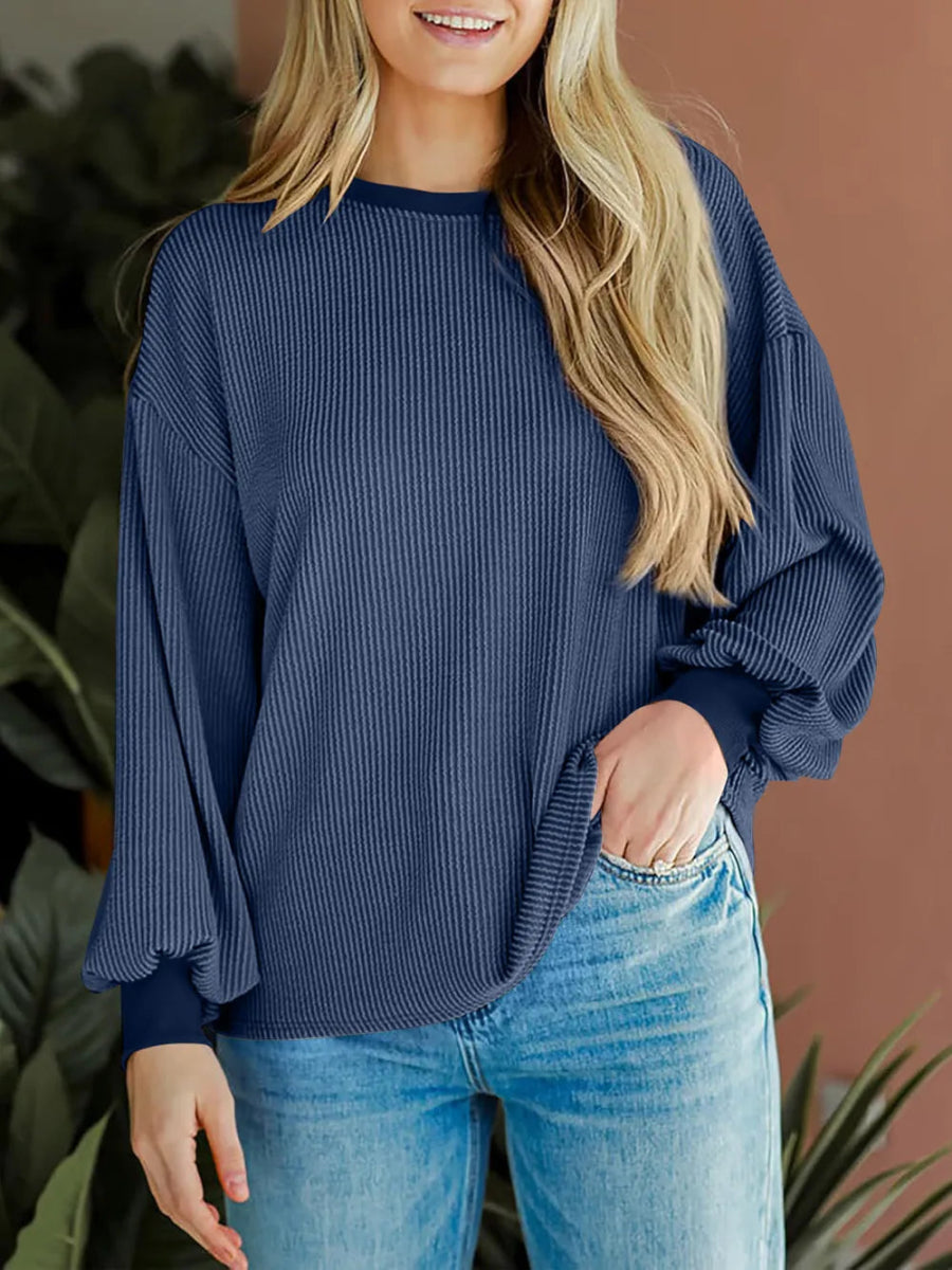 Round Neck Drop Shoulder Long Sleeve Sweatshirt - CELIVINE