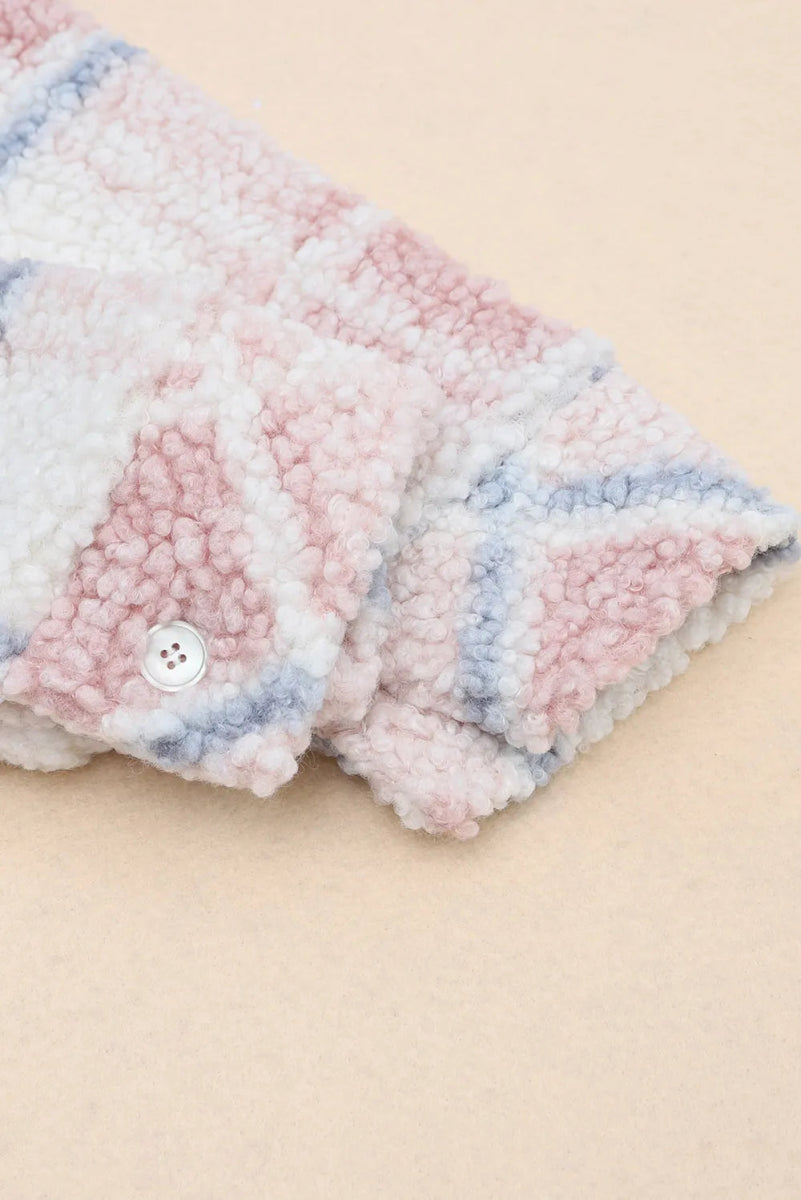 Plaid Button Up Collared Neck Sherpa Jacket - CELIVINE