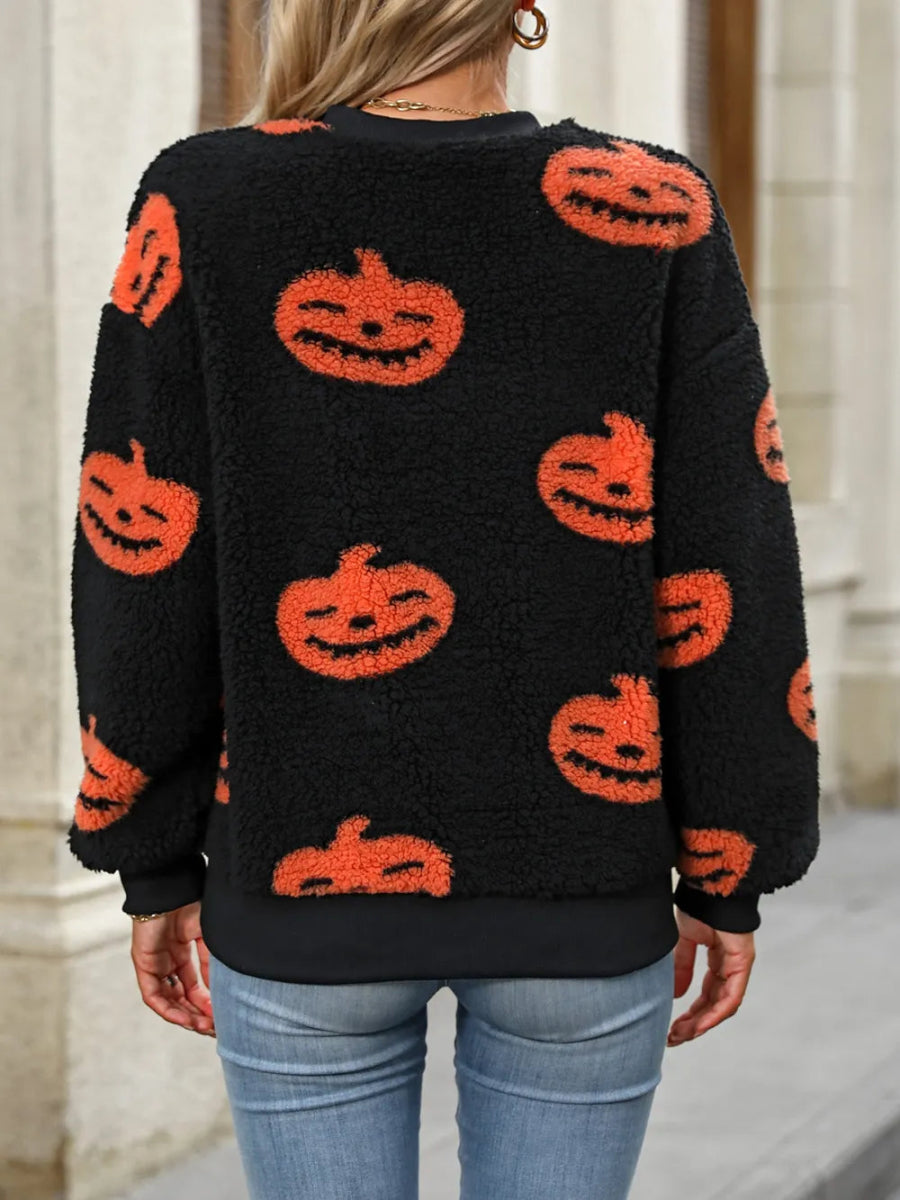 Fuzzy Pumpkin Round Neck Dropped Shoulder Sweater - CELIVINE