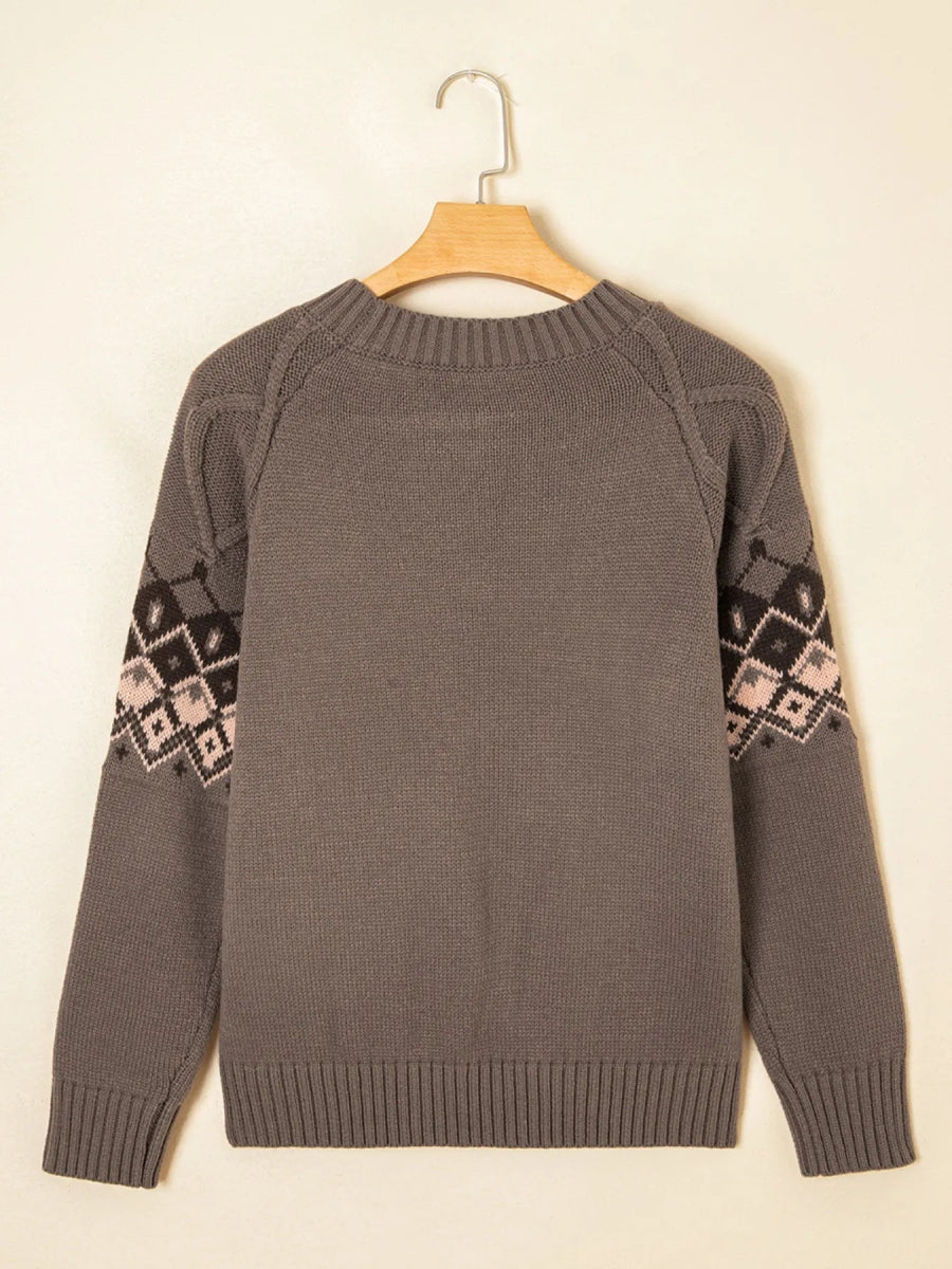 Geometric Round Neck Long Sleeve Sweater - CELIVINE