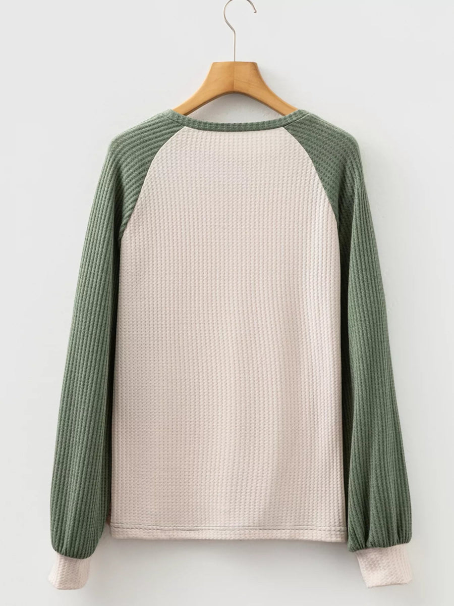 Waffle Color Block Raglan Sleeve Top - CELIVINE