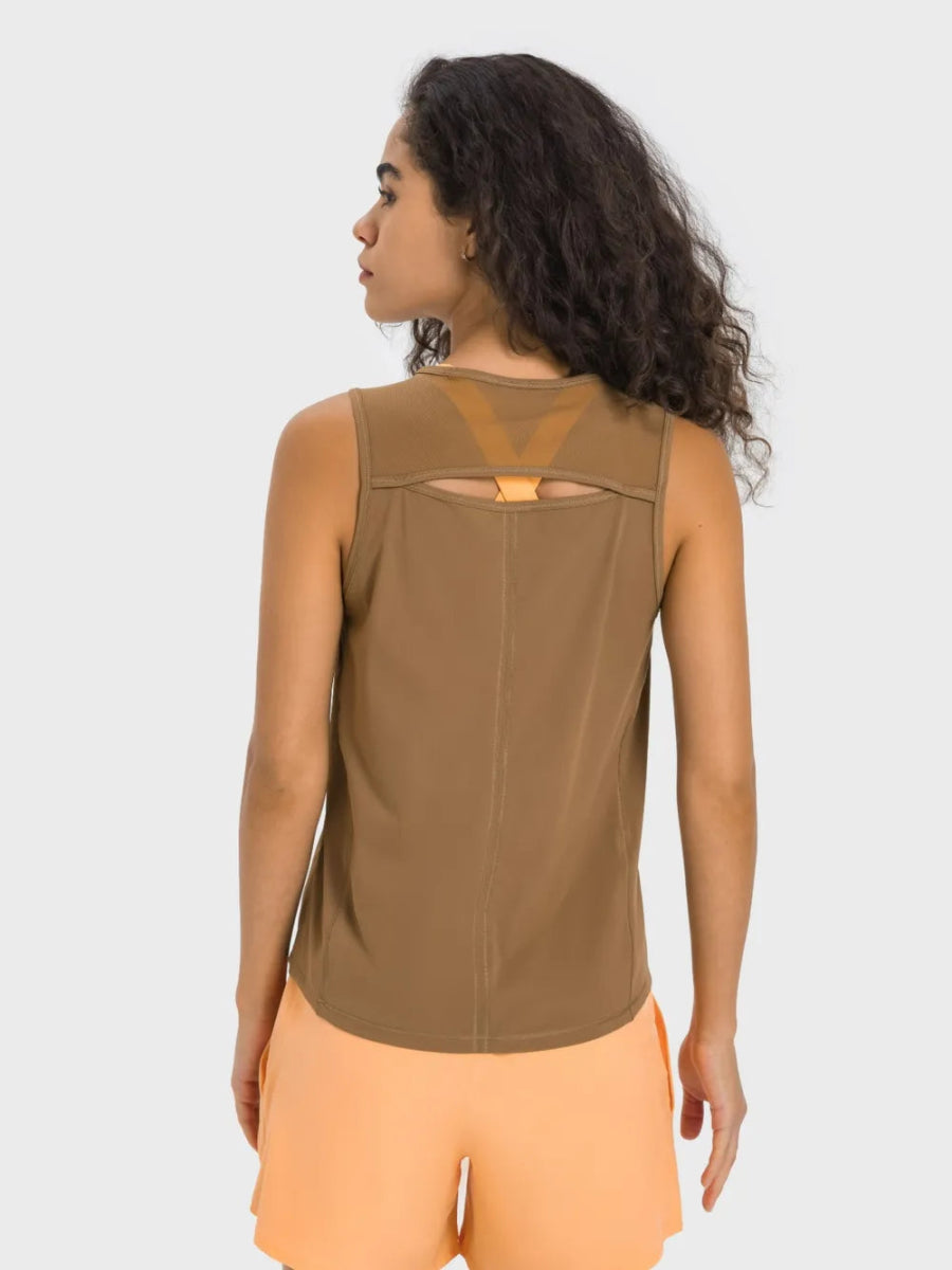 Cutout Back Round Neck Active Tank - CELIVINE