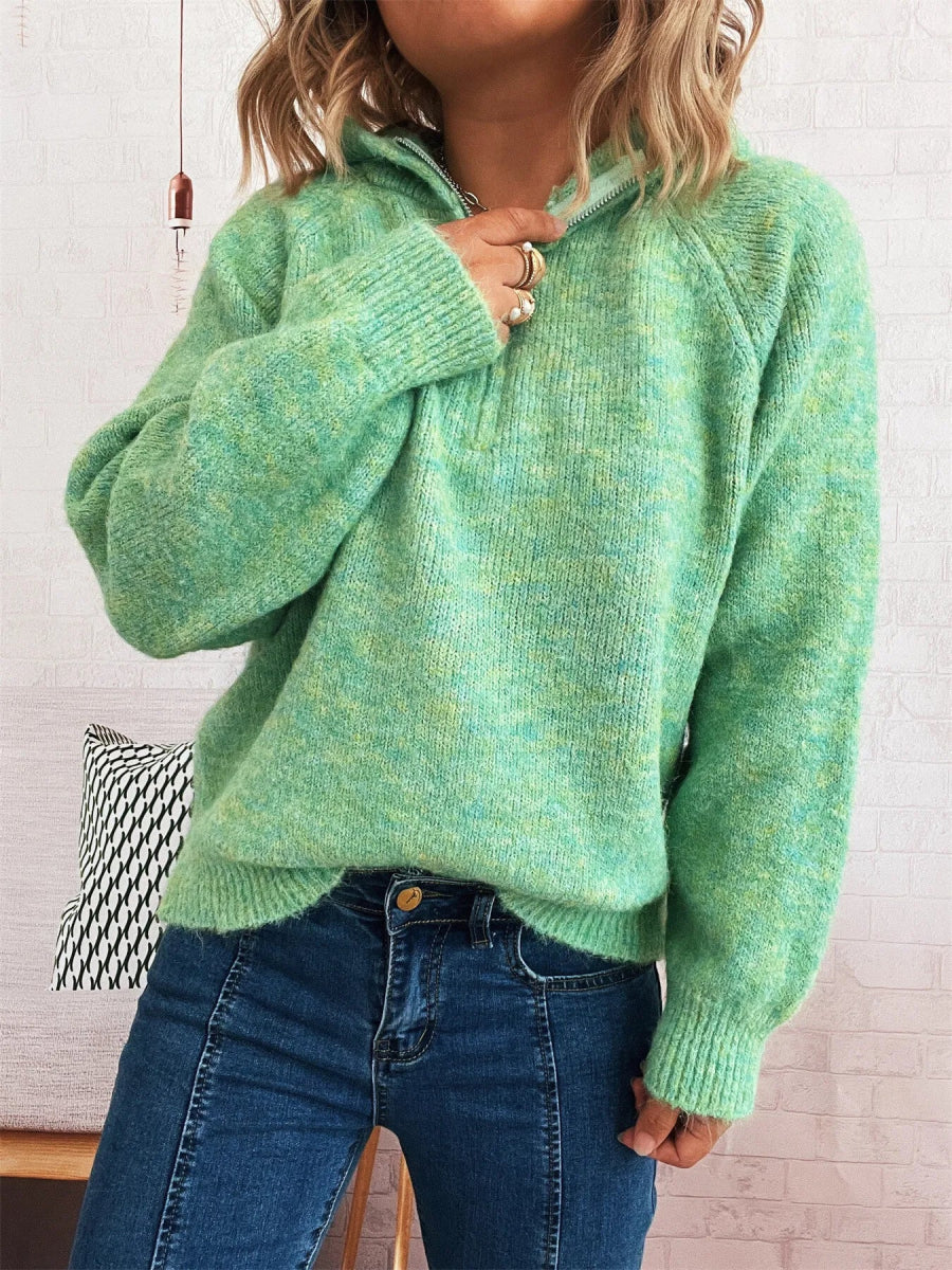 Quarter Zip Ribbed Hem Sweater - CELIVINE