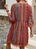 Lace Trim Printed V - Neck 3/4 Sleeve Dress - CELIVINE