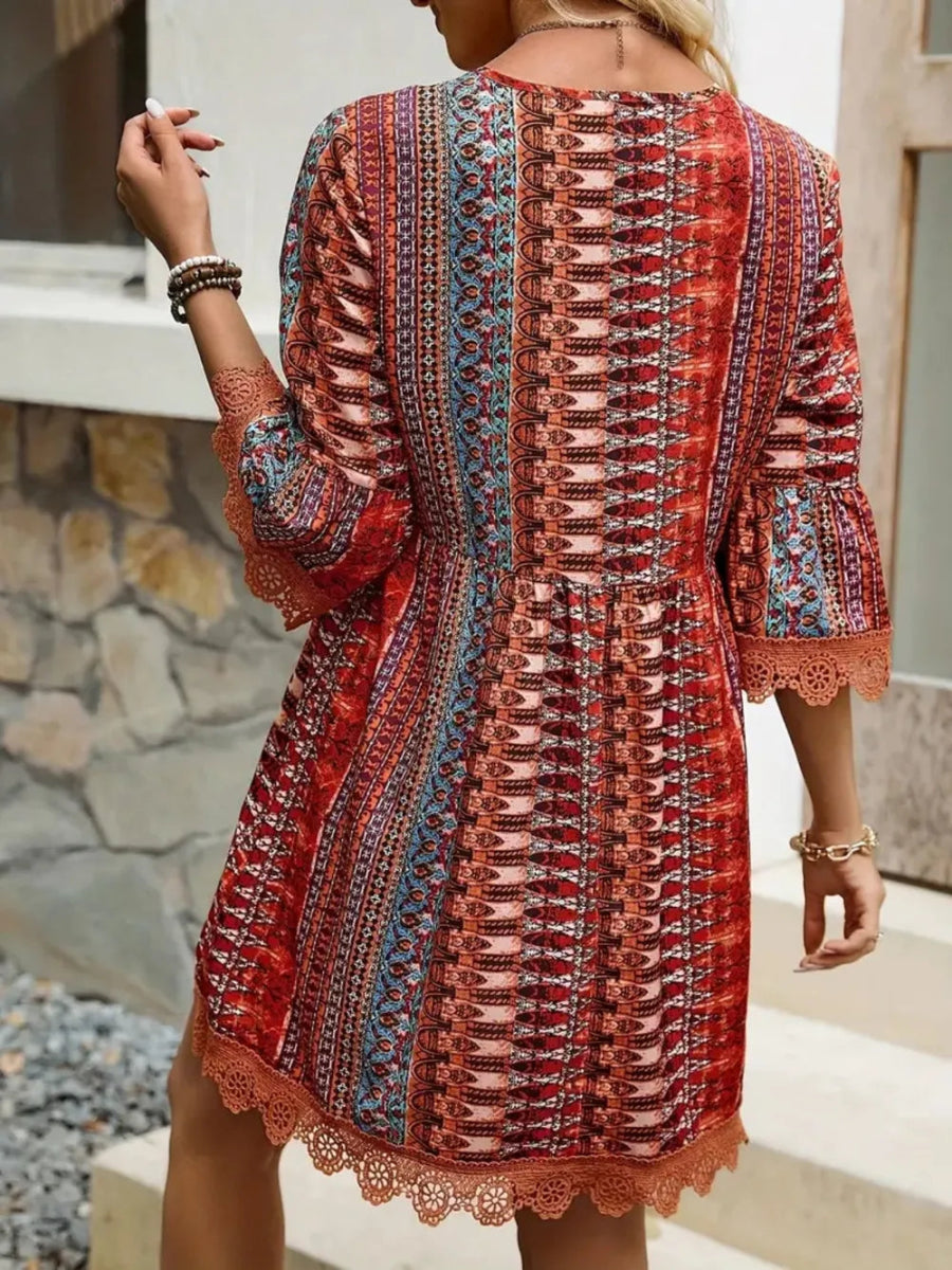 Lace Trim Printed V - Neck 3/4 Sleeve Dress - CELIVINE