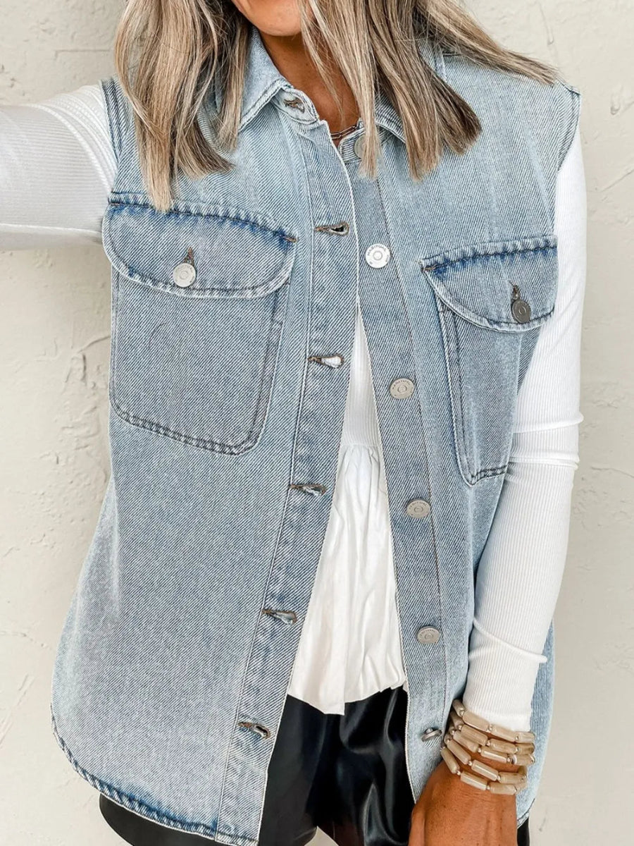 Collared Neck Button Up Denim Vest - CELIVINE