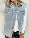 Collared Neck Button Up Denim Vest - CELIVINE