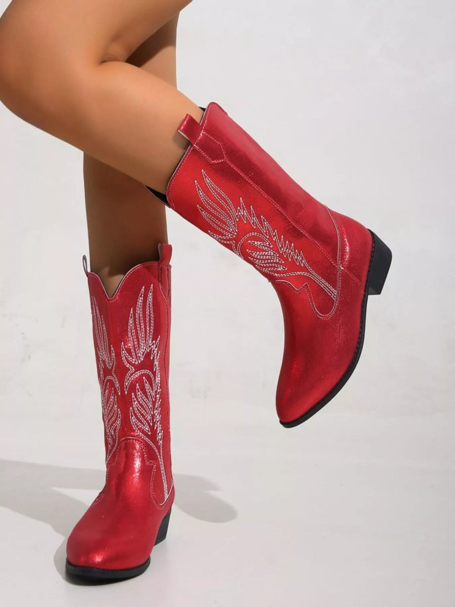 Embroidered Block Heels Boots - CELIVINE