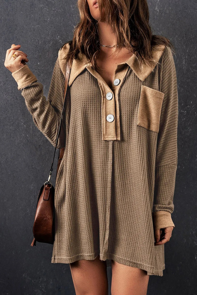 Waffle Knit Button Front Dress - CELIVINE