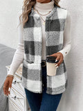 Plaid Sherpa Vest Coat with Pockets - CELIVINE