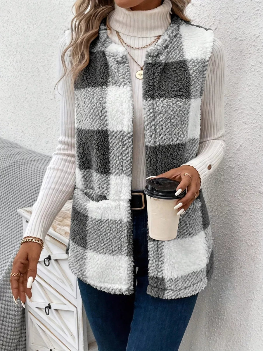 Plaid Sherpa Vest Coat with Pockets - CELIVINE