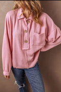 Pocketed Half Button Long Sleeve Sweatshirt - CELIVINE