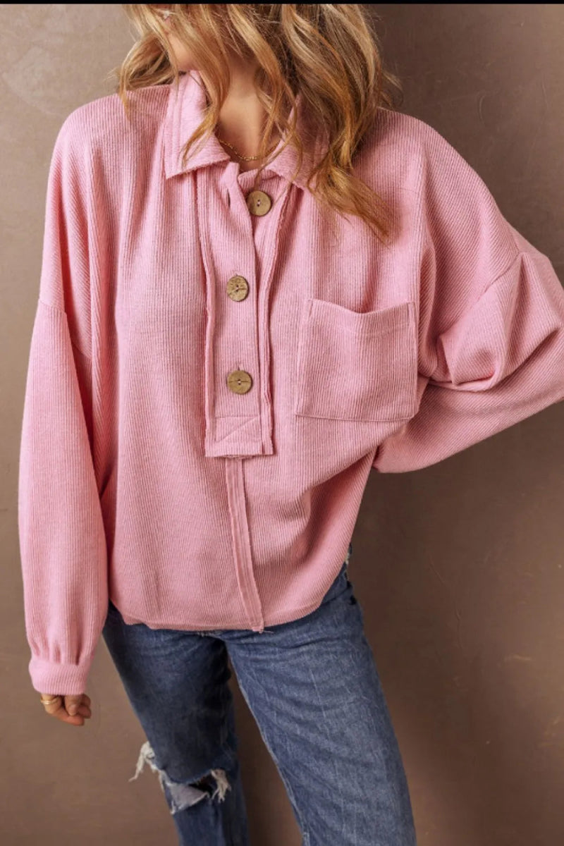 Pocketed Half Button Long Sleeve Sweatshirt - CELIVINE