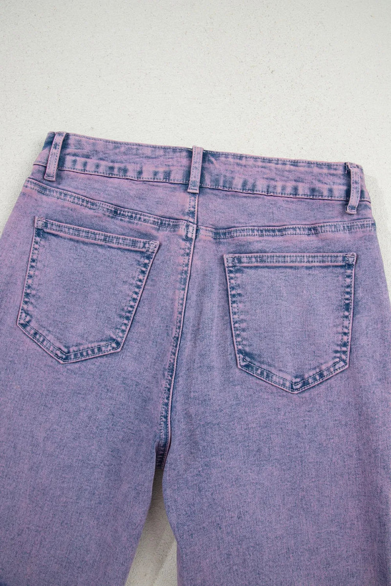 Washed Raw Hem Cropped Jeans - CELIVINE