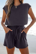 Knit Open Back Cap Sleeve Drawstring Romper - CELIVINE