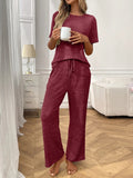 Ribbed Knit Short Sleeve Top and Pants Lounge Set - CELIVINE