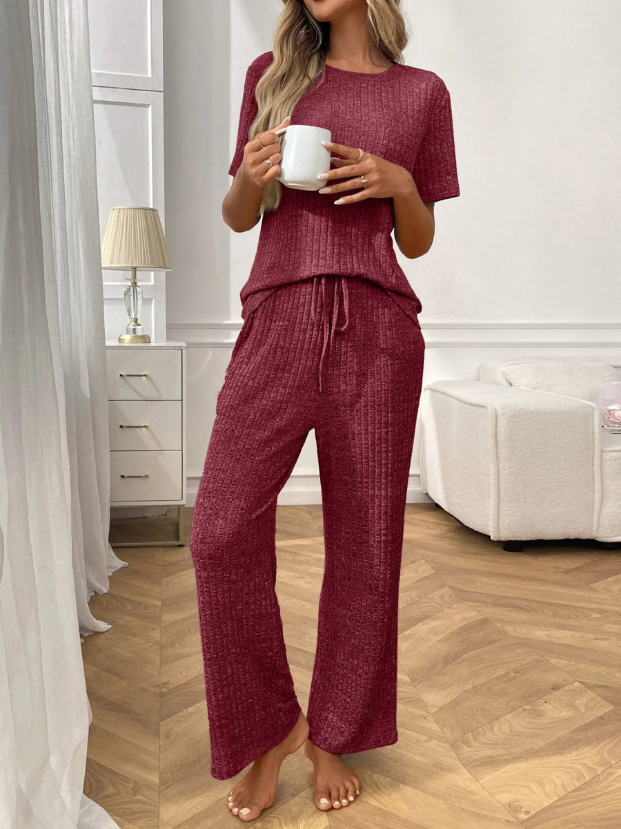Ribbed Knit Short Sleeve Top and Pants Lounge Set - CELIVINE