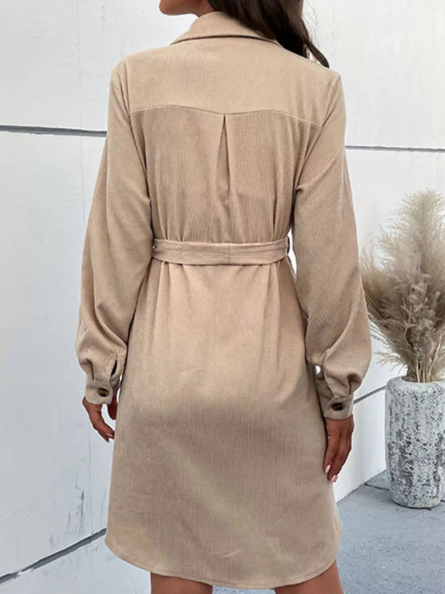 Button - Front Tie Waist Shirt Dress - CELIVINE