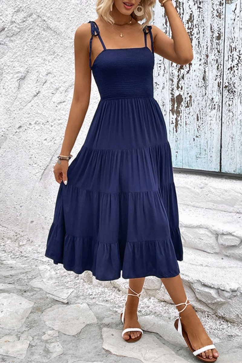 Perfee Tie - Shoulder Tiered Midi Dress - CELIVINE