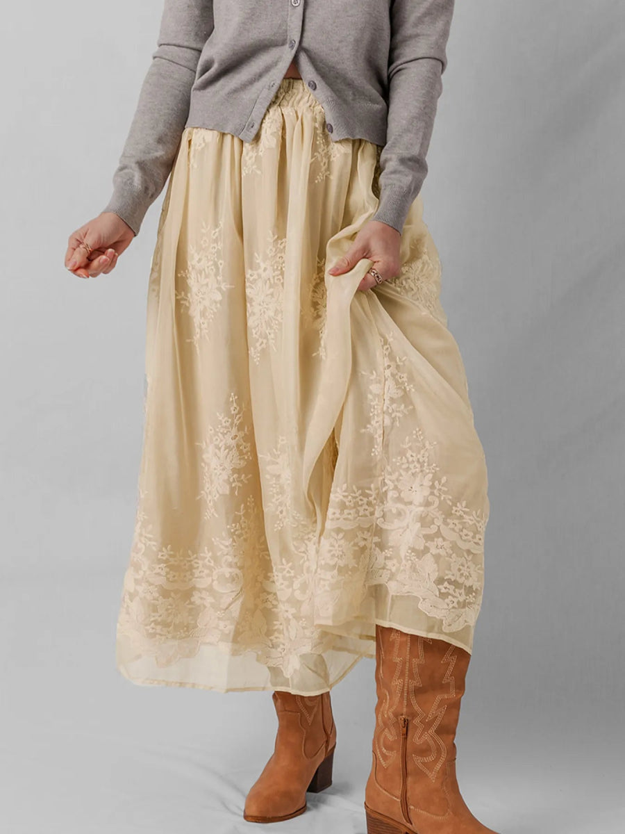 Embroidered Mesh Overlay Flowy Midi Skirt - CELIVINE