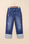 Folded Cuffs Distressed Straight High Waist Jeans - CELIVINE