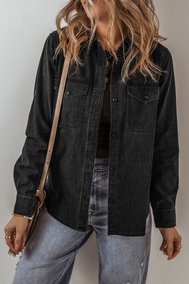 Button Up Long Sleeve Denim Jacket - CELIVINE