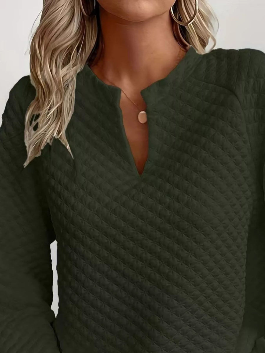 Quilted Texture Long Sleeve Sweatshirt with Notched Neck - CELIVINE