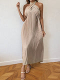 Pleated Halter Neck Midi Dress - CELIVINE