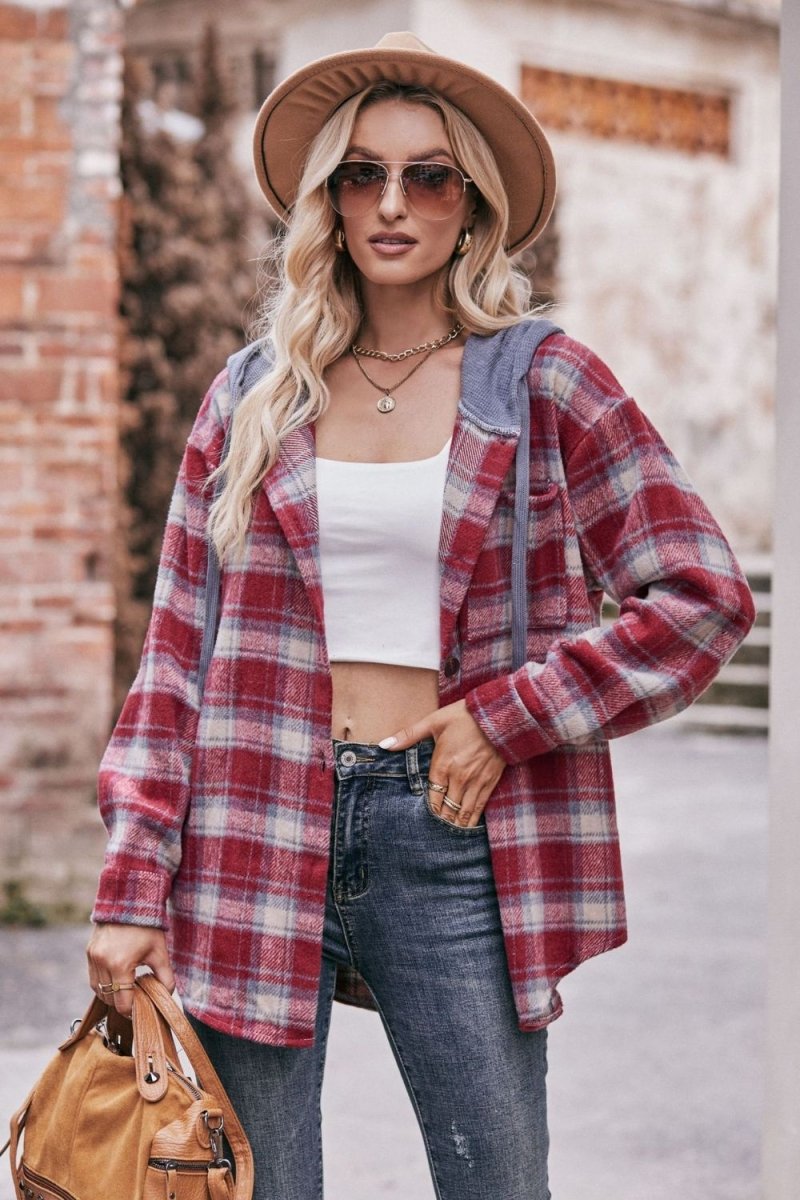 Mandy Plaid Dropped Shoulder Hooded Longline Jacket - CELIVINE