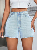 High - Waisted Raw Hem Denim Shorts - CELIVINE