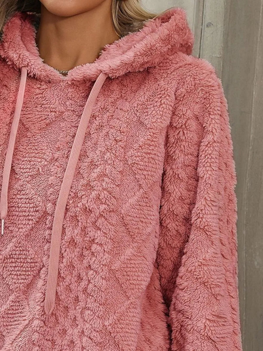 Drawstring Long Sleeve Plush Hoodie - CELIVINE