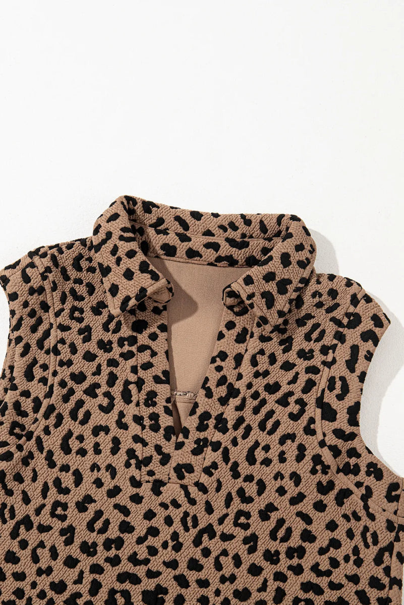 Leopard Johnny Collar Sleeveless Mini Dress - CELIVINE