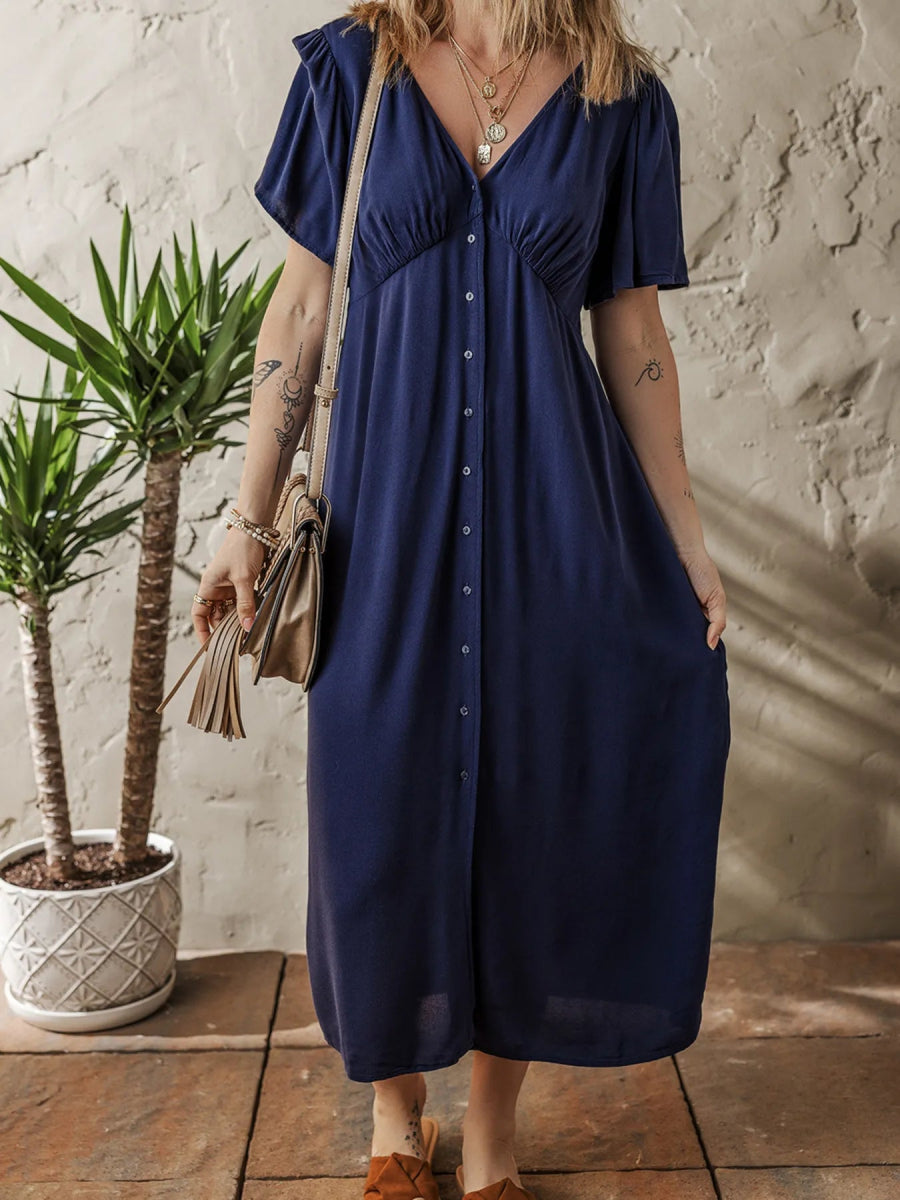 V Neck Buttoned Front Shirred Back Short Sleeve Midi Dress - CELIVINE