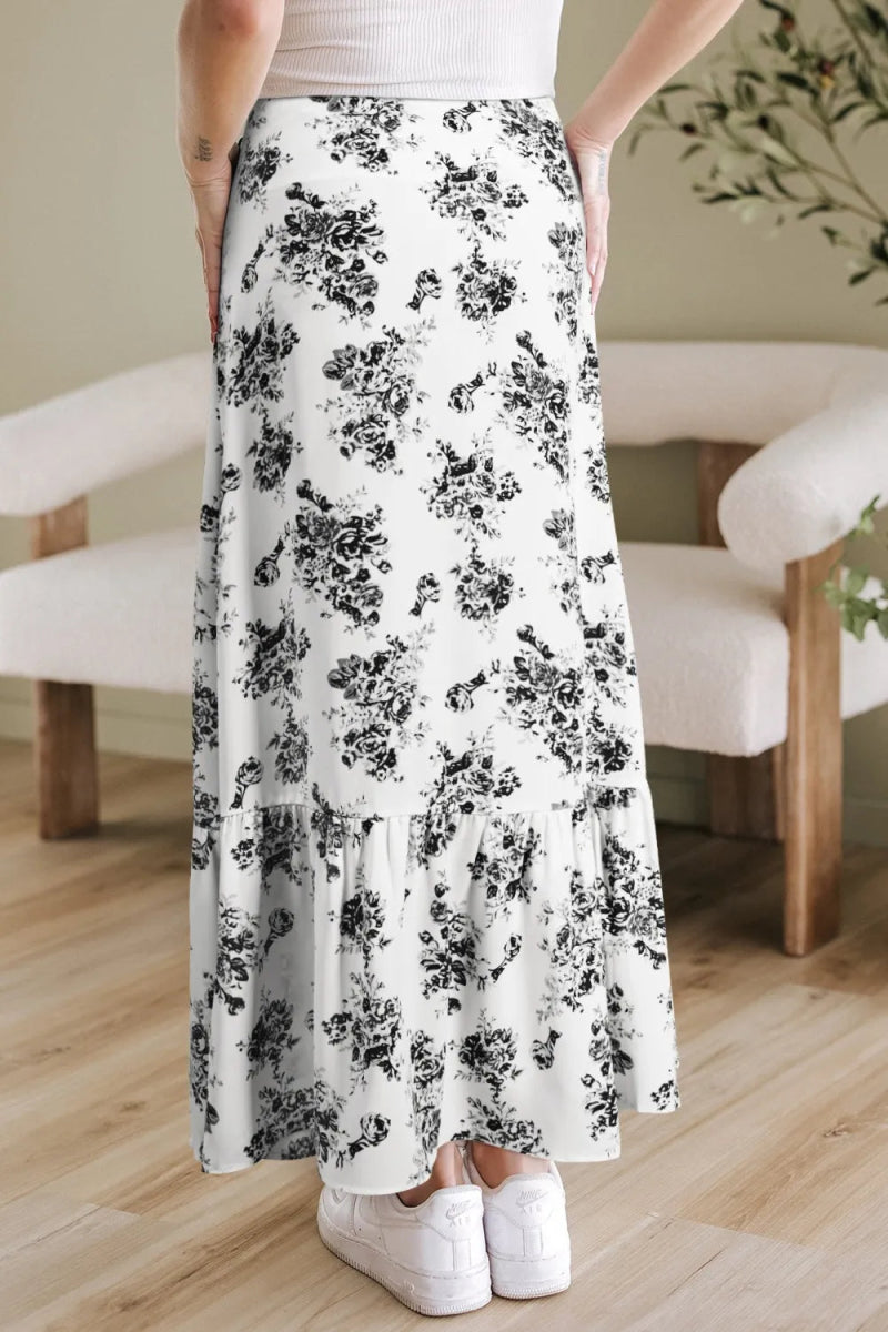 Boho Floral High Waist Ruffle Split Maxi Skirt - CELIVINE