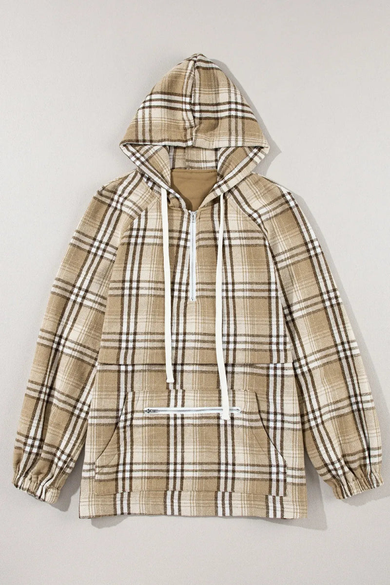 Drawstring Plaid Half Zip Raglan Sleeve Hoodie - CELIVINE