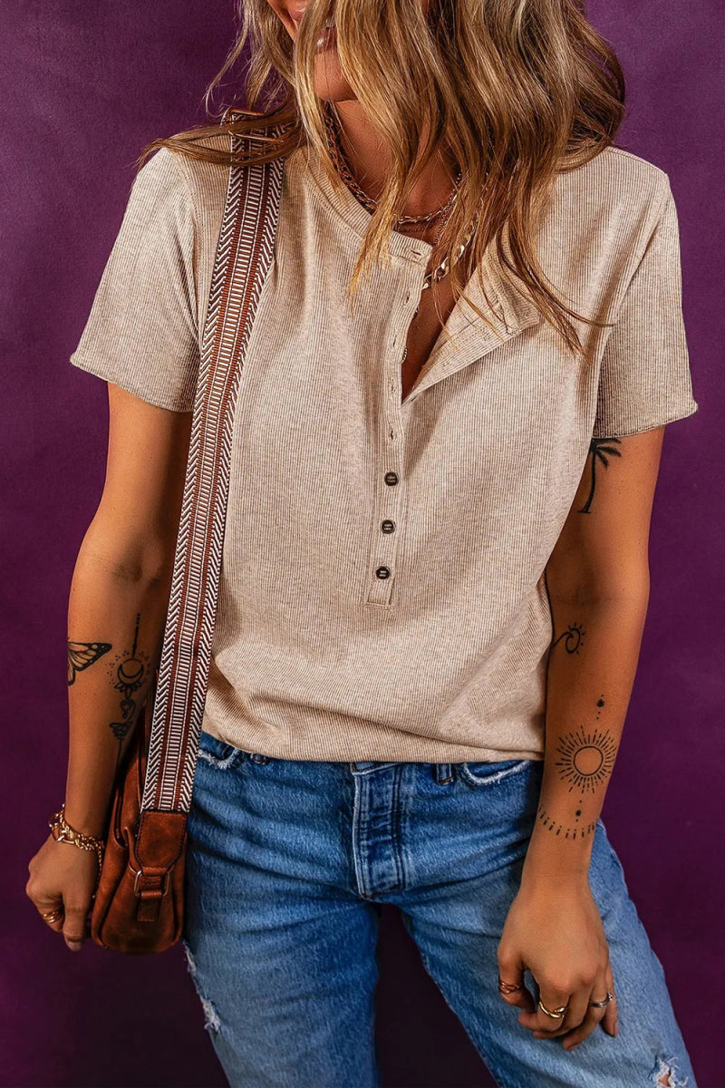 Short Sleeve Half Button Ribbed Knit Top - CELIVINE