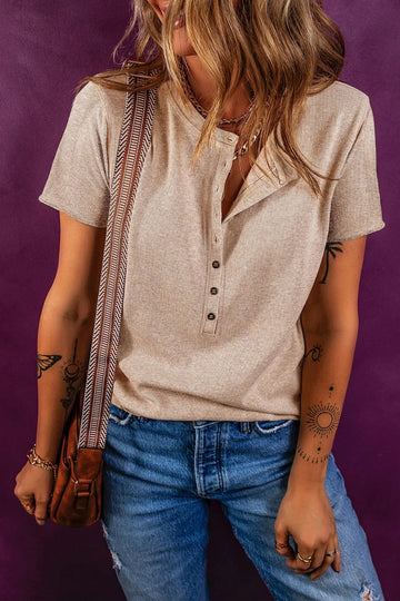Short Sleeve Half Button Ribbed Knit Top - CELIVINE