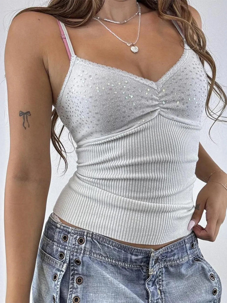 Sequin Lace Detail Cami Top - CELIVINE