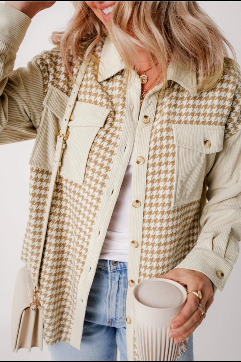 Houndstooth Button Up Long Sleeve Jacket - CELIVINE