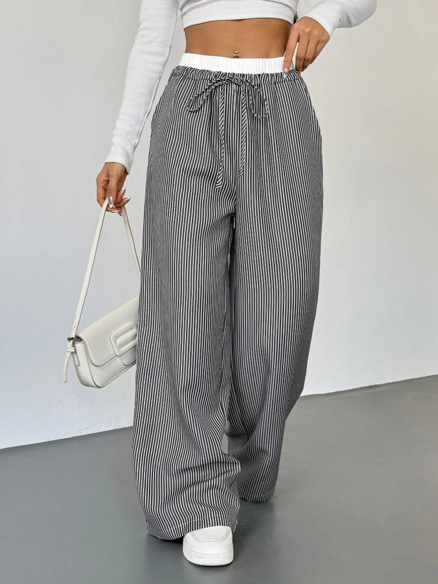 Striped Wide Leg Drawstring Pants - CELIVINE