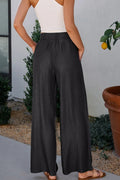 Side Pockets Frilled Smocked High Waist Wide Leg Pants - CELIVINE