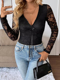 Long Sleeve Floral Lace Mesh Cropped Top - CELIVINE