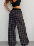 Plaid Wide Leg Pants with Drawstring Waist - CELIVINE