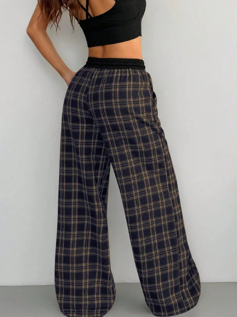 Plaid Wide Leg Pants with Drawstring Waist - CELIVINE